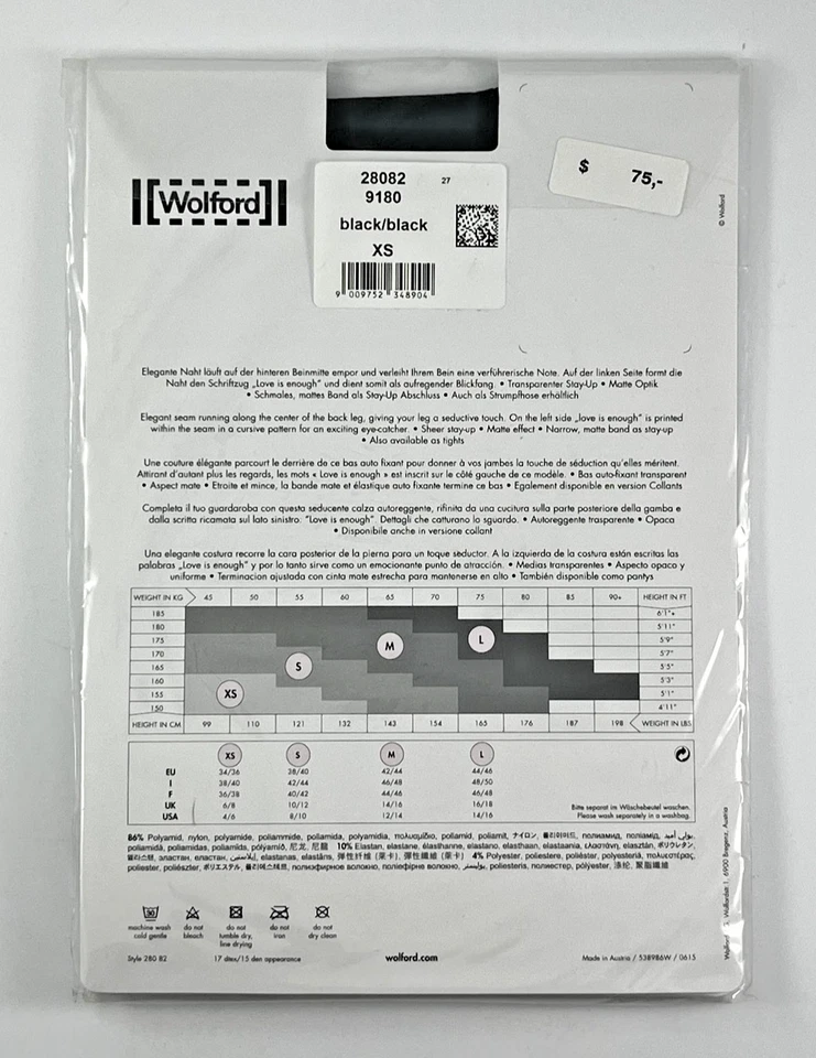 Wolford Stockings Stay-Up Love is Enough XS Small Black Seamed Sheer New NIP - Image 2 of 2