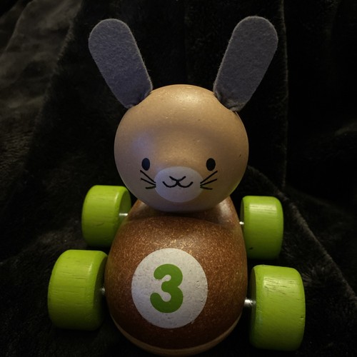 PLANTOYS Wooden Bunny Push Car Toy Green Number 3 Preschool Racer Toddler