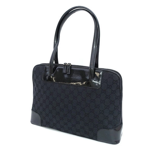 Gucci / Gg Canvas Enamel Leather Handbag Black Semi-Shoulder 002-