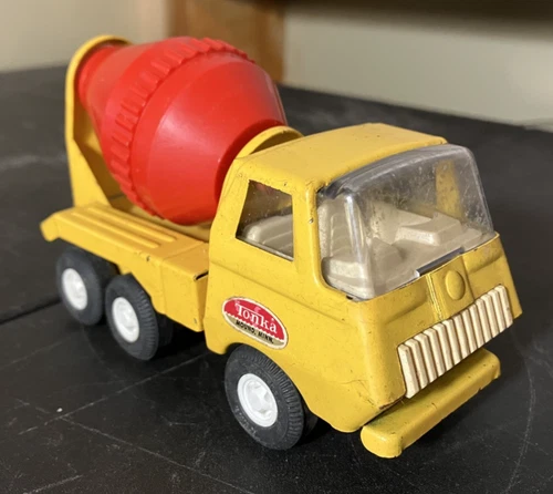 Vintage 1970s Yellow & Red Tonka 4.5" Cement Mixer Truck - Pressed Steel