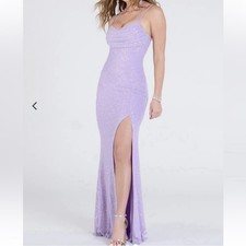 NWT Windsor Dress Purple Lavender Kaitlyn Cowl Neck Slit Beaded Sequin Long Maxi