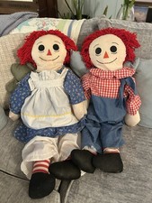 Raggedy Ann Andy Cloth Dolls Pair Red Yarn Hair Removable Clothes Lot Weighted