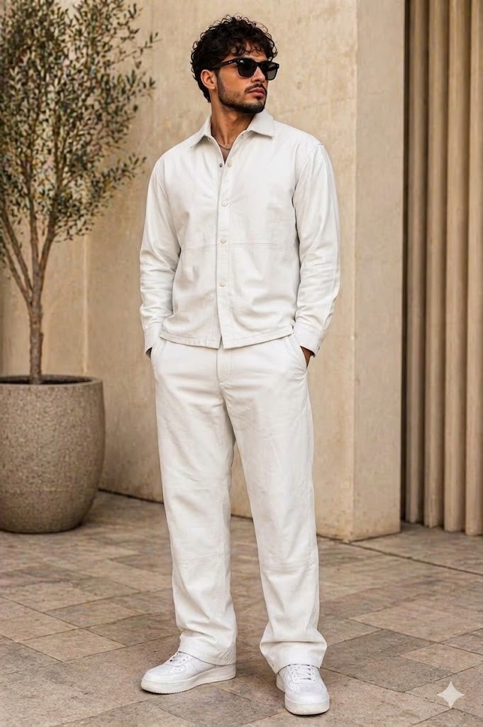 White Men’s Leather Shirt & Pant Outfit Set Premium Leather