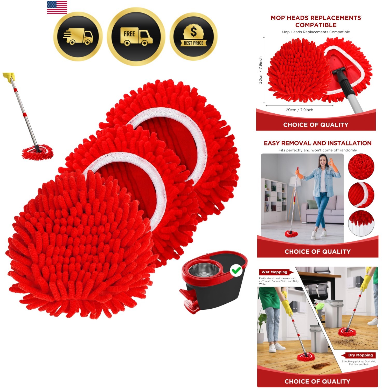 Chenille Mop Heads Replacements for Spin Mops 3 Pack Dusting