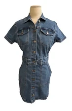 REWASH Denim/Jean Mini Dress Size Large Blue Modern Trendy Short Sleeves Pockets