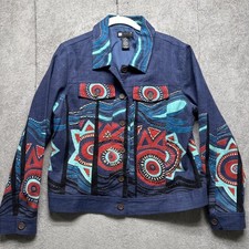 Vtg 90s Carole Little Aztec Print Jacket M Blue Linen Blend Southwestern Boho