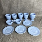 Jeanette Glass Blue Delphite Plate Cherry Blossom Set of 11 Cups Saucers Goblets