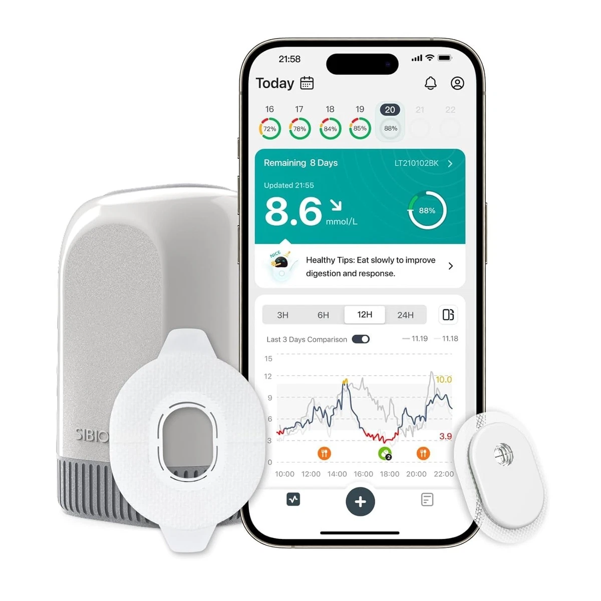 Monitor continuo de glucosa SIBIONICS GS3 - Sensor de 14 días con sobreparche