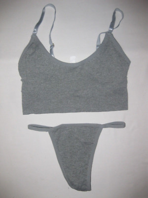 Shein 80s aesthetic rib knit seamless bralette & g-string panties set S gray nip