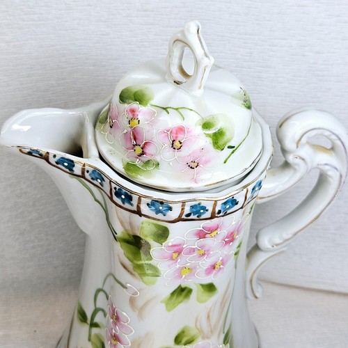 Nippon Hand Painted Porcelain Chocolate Pot Pink Blossoms Gold Trim Moriage EUC - Picture 2 of 11