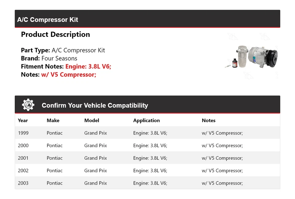 Kit de compressor A/C Pontiac Grand Prix 3.8L V6 1999-2003 4 temporadas 2000 2001 - Imagem 2 de 4