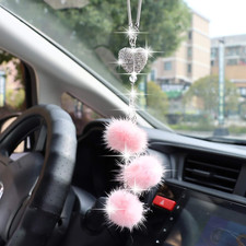 Bling Car Mirror Accessories Love Heart Pink Plush Ball Bling Rinestones Diamond