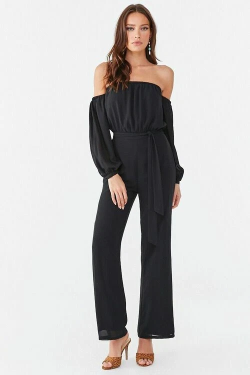 Forever 21 Black Off the Shoulder Wide Leg Jumpsuit Small S