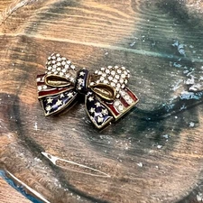 Sweet Romance Patriotic Flag Enamel Rhinestone Bow Ribbon Pin Brass USA Set Of 3