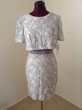 NWT ABS By Allen Schwartz $252 Gray/Ivory Lace/Mesh Inset Split Back Dress*4