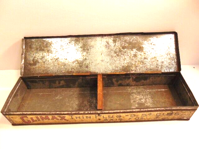 vintage 12 inch Climax Thin Plug tobacco tin with divided compartments