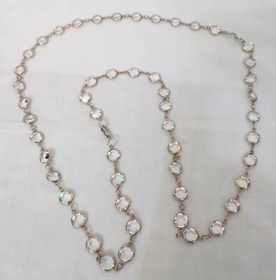 Vtg Mega Sparkly clear fauceted Crystal Open Back Silver Bezel Necklace 34''