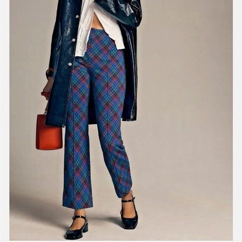 Maeve Anthropologie Margot Plaid Kick Flare Stretchy Crop Cabin Pants Blue Sz XS