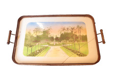 German Porcelain Old Serving Tray With Metal Frame & Handles Landscape Design