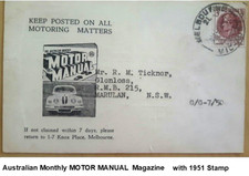 AUSTRALIAN MONTHLY MOTOR MANUAL subscription Re-Order Post Card  1951 with Stamp