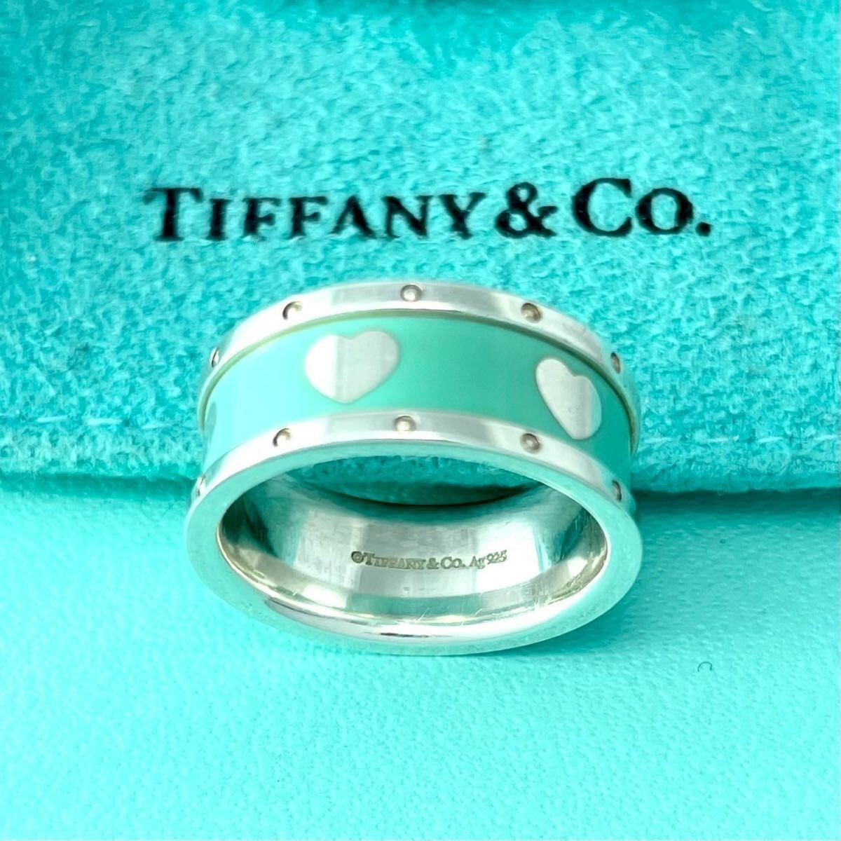 Authentic Tiffany & Co. Blue Enamel Heart Band Ring 925 