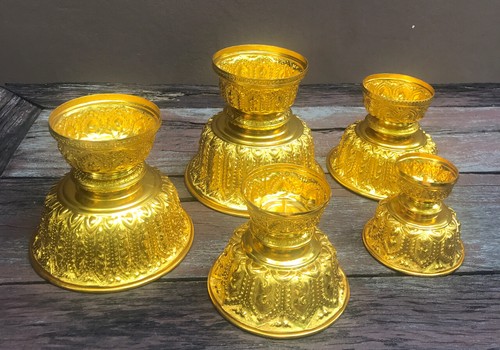Vintage Style Phan Lao Thai Design High Foot Gold Tray Embossed Aluminum Gift - Picture 76 of 104