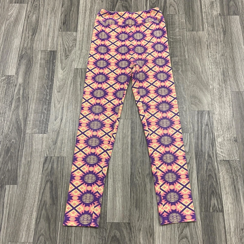 Leggings LULAROE cintura elástica rosa/roxa estampa asteca tamanho G/XL para meninas - Imagem 4 de 4