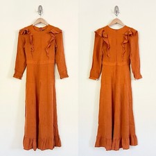 Rare CHRISTY DAWN Mabel Crinkled Rust Orange Ruffle Long Sleeve  Maxi Dress Sz S