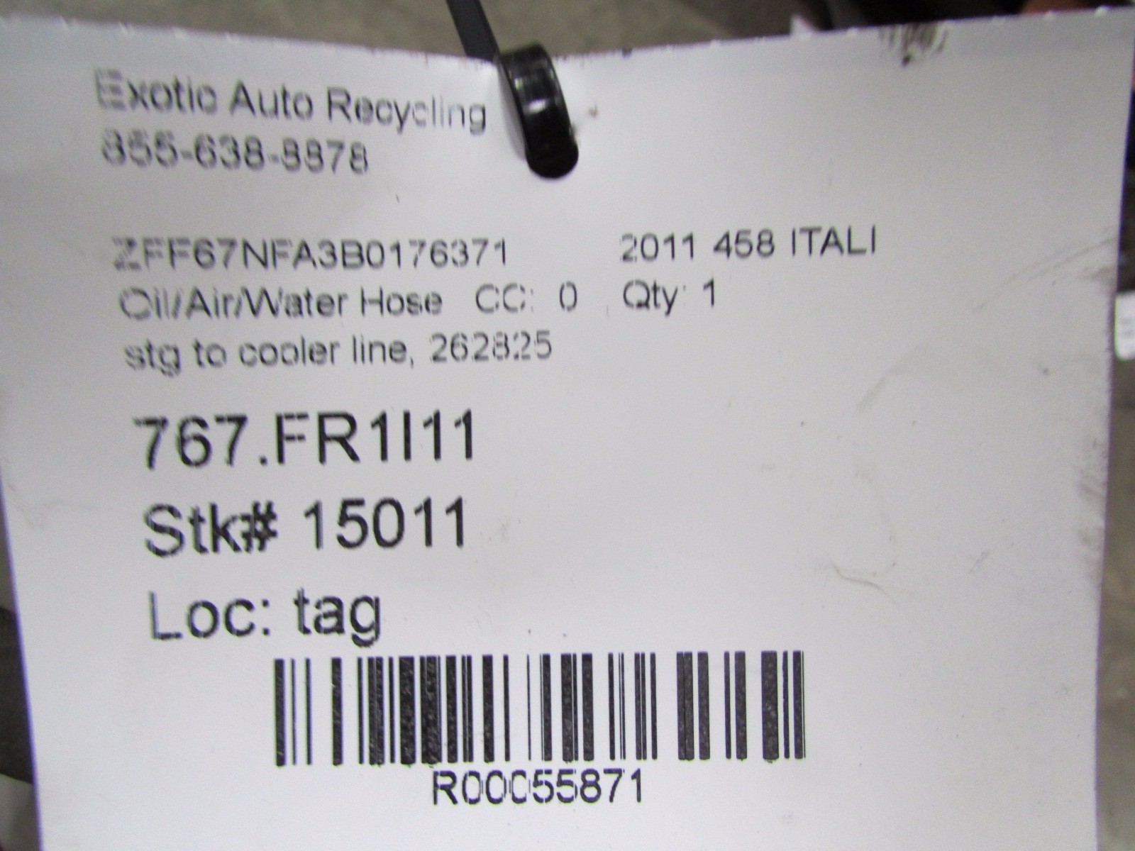 Ferrari 458 Italia, Steering Rack to Cooler Line, Used, P/N 262825