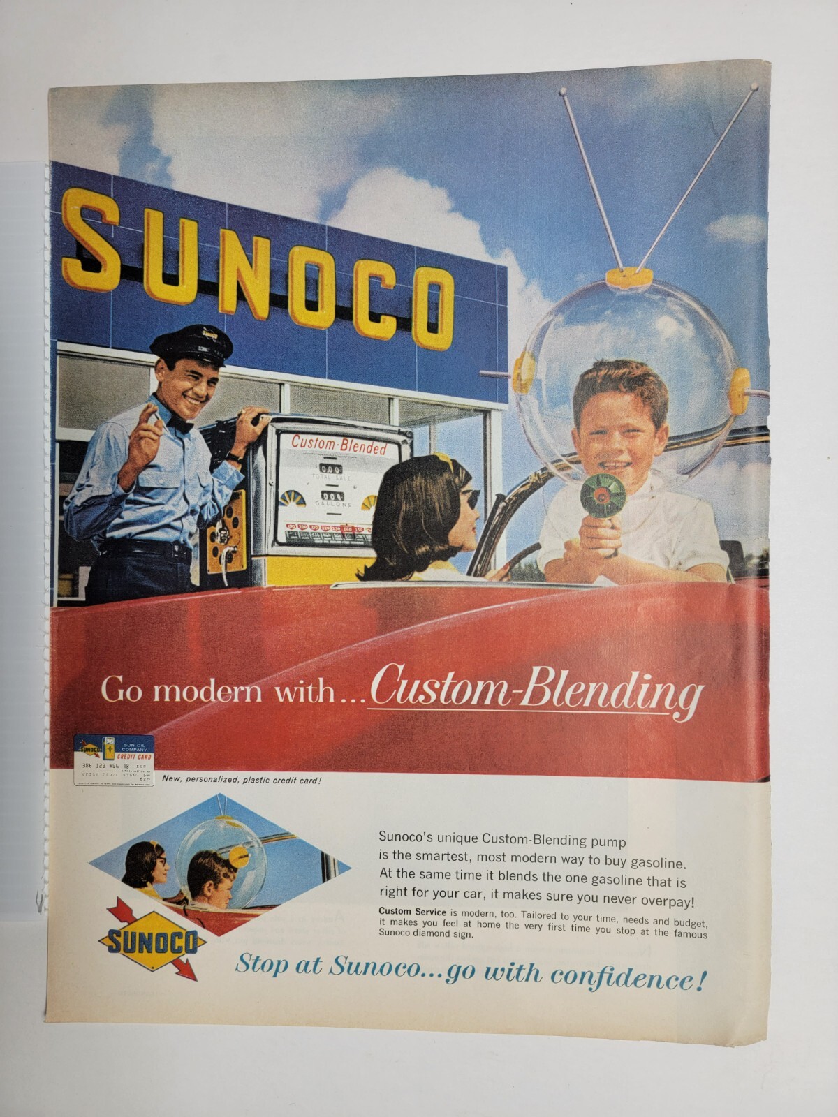 Vintage Original 1962 Sunoco Gas Station kid with space helmet & gun 11x14 ad