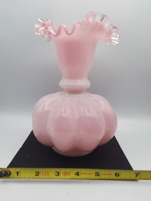 Vintage Fenton Art Glass Peach Pink White Silver Crest Ruffled