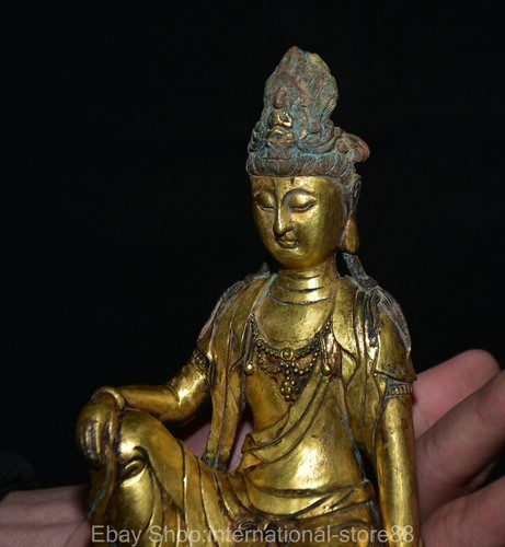 7.6" Rare Old Chinese Purple Bronze Gold Seat Kwan-yin Guan Yin Goddess Statue - Picture 9 of 11