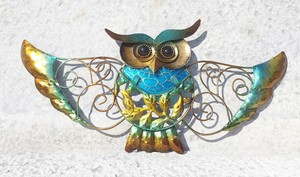 Wanddeko EULE bunt 22x16cm bunt mit blauem Glaseinsatz B31cm Wandobjekt