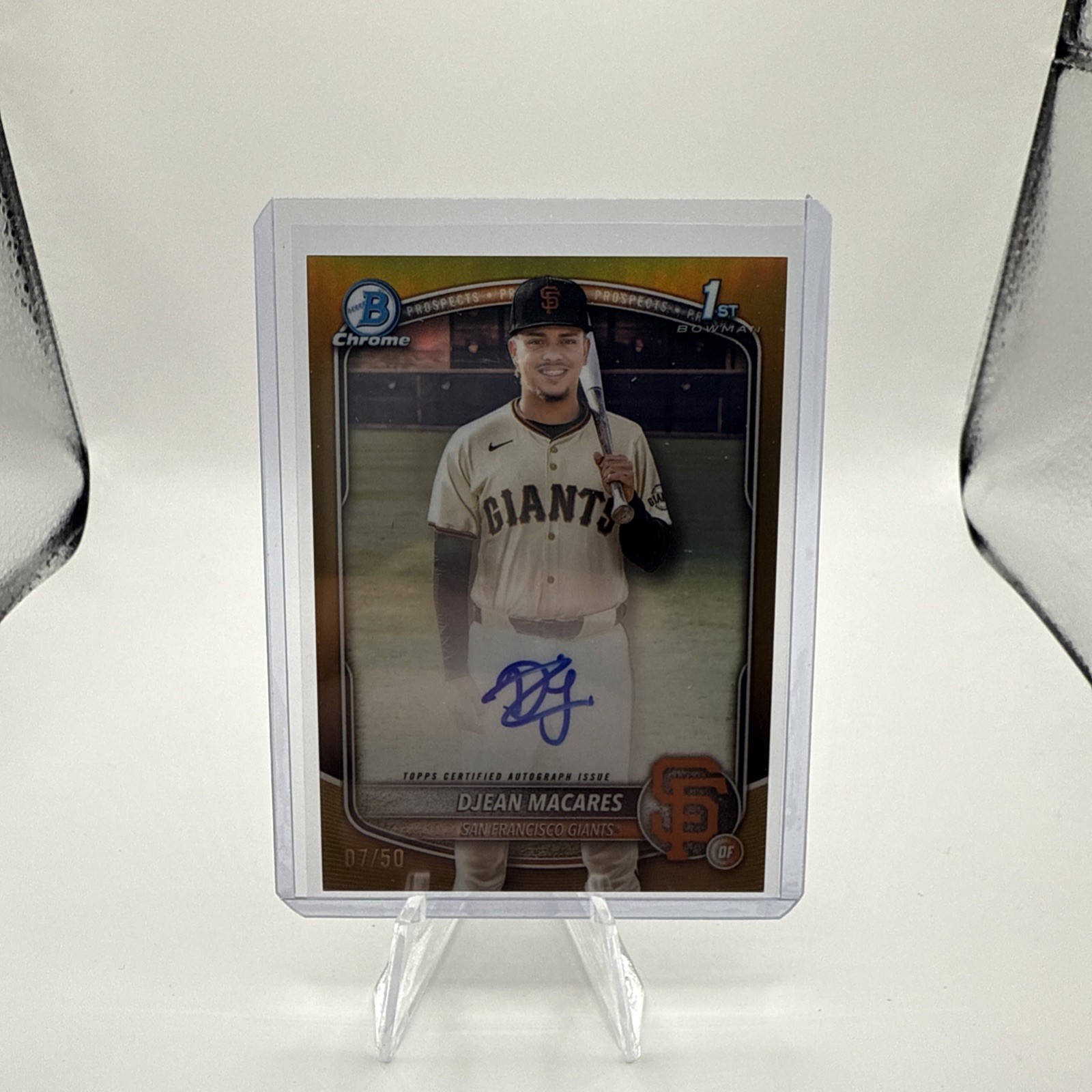 DJEAN MACARES 2025 BOWMAN CHROME AUTOGRAPH 1ST PROSPECT AUTO GOLD /50