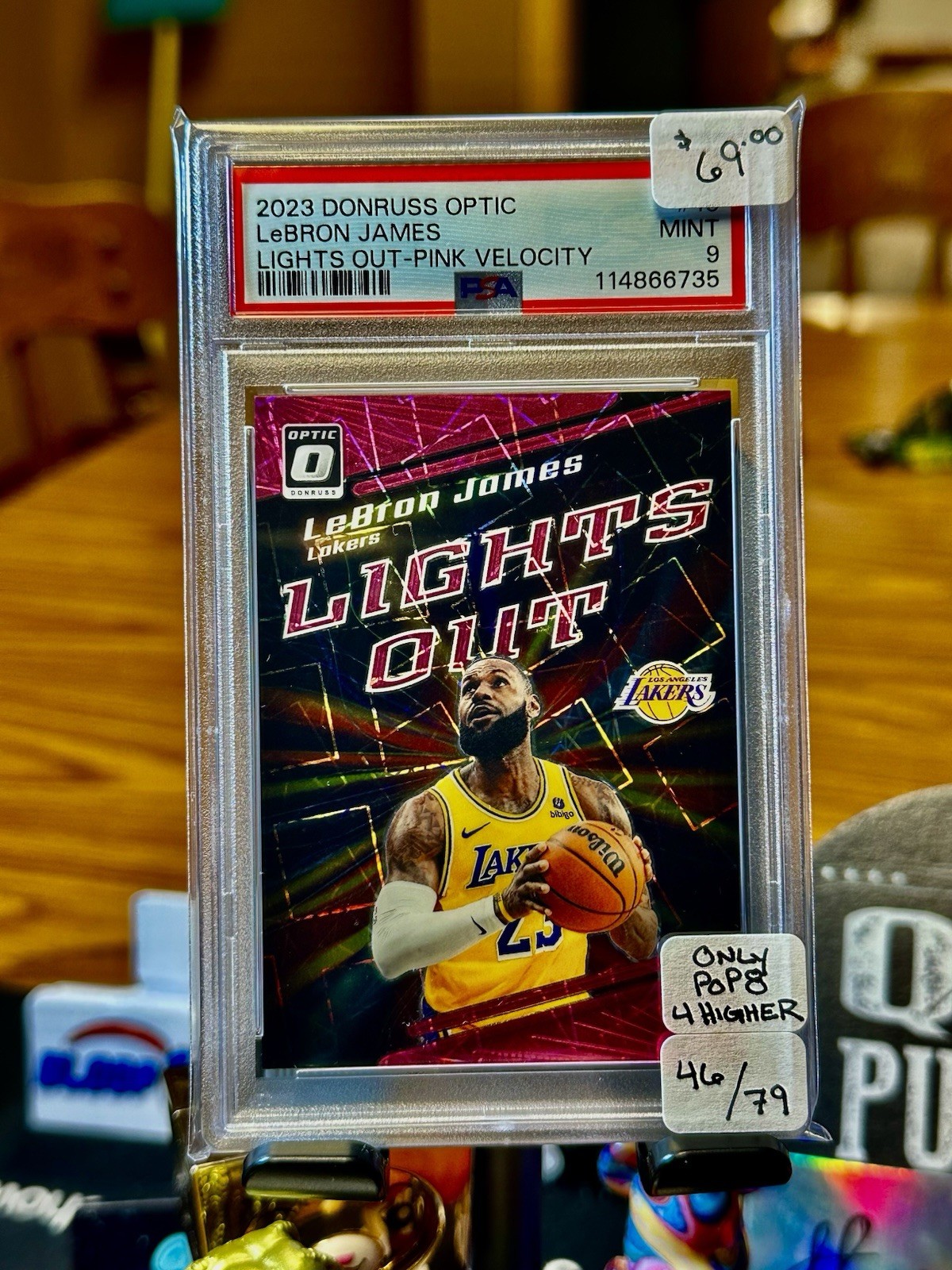 2023 Donruss Optic LeBron James No 10 Lights Out Pink Velocity #’d /79 PSA 9