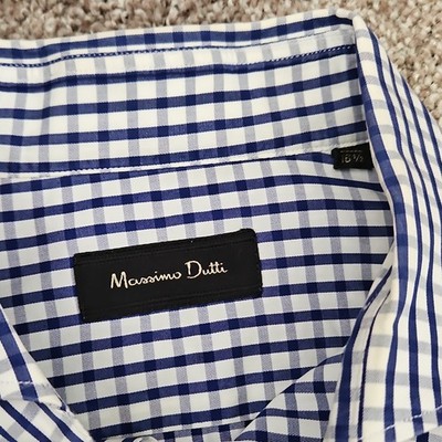 Massimo Dutti Check Shirt Blue White 16 1/2 Long Sleeve Cotton Button-Up