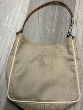 Fendi Beige Monogram Shoulder Bag Logo Brown Leather Strap Silver Hardware