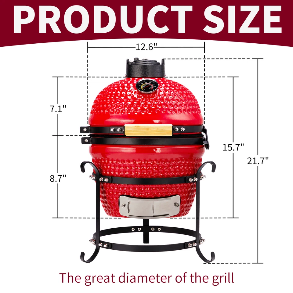 Barbacoa de cerámica de 13 pulgadas carbón Kamado rojo parrilla portátil redonda ahumador al aire libre Foto 2 de 4