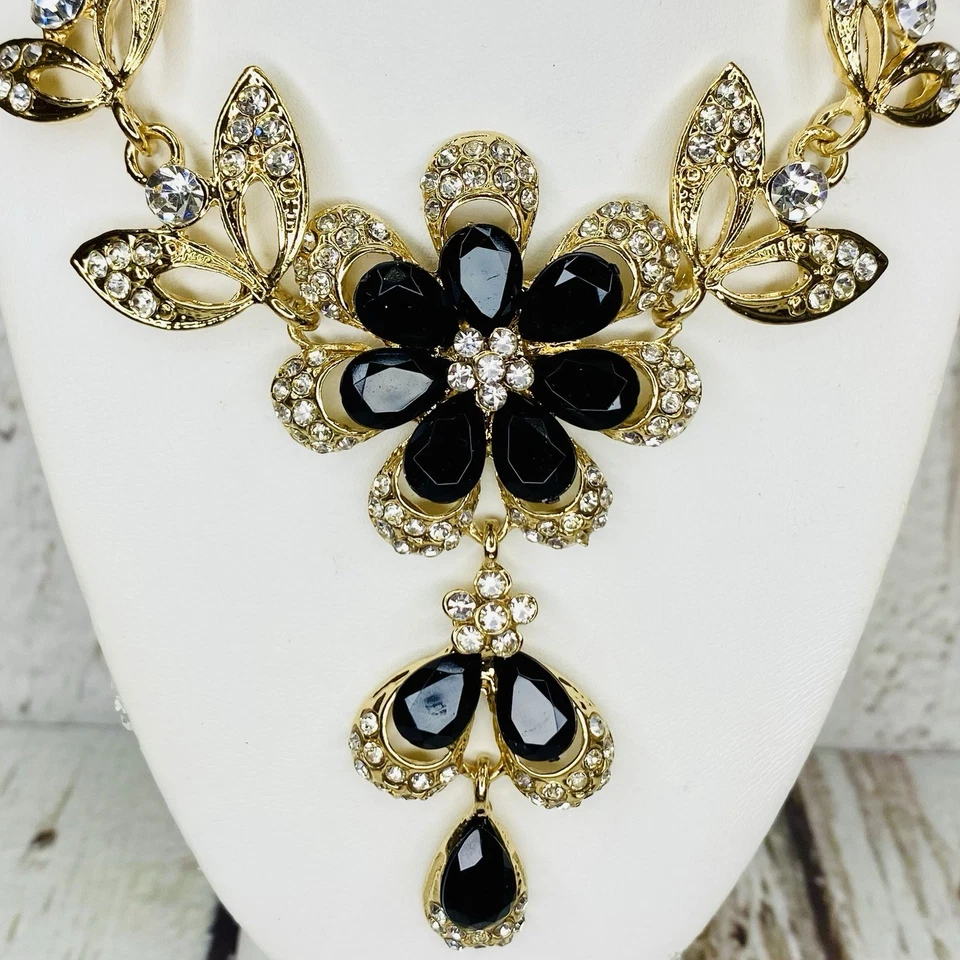 Betsey Johnson черный кристалл ожерелье и серьги комплект цветы подвеской со стразами - Изображение 4 из 4