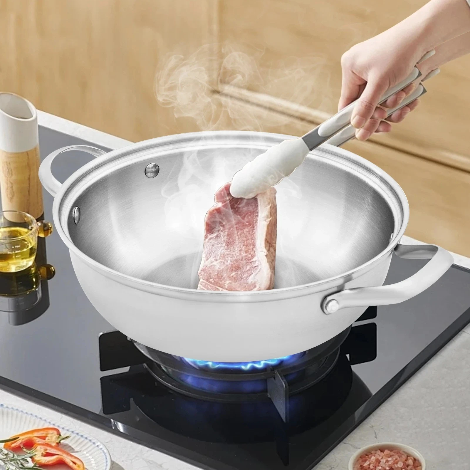 Composite Steel Wok 304 Stainless Steel Frying Pan with Lid Silver Round Wok for