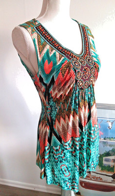 Boston Proper Top NWT Medium Sleeveless Ikat Dipped Neck Tank Beaded Aztec $69