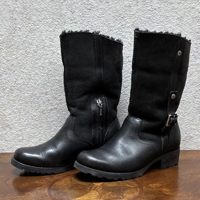 UGG 1974 Maylin Women s Black Shearling Lined Mid-Calf Zip Buckle Boots 