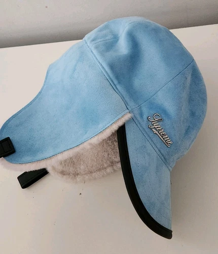 FW22 Supreme Shearling Earflap 6 panel Hat Faux Suede Metal Logo Size M/L Blue