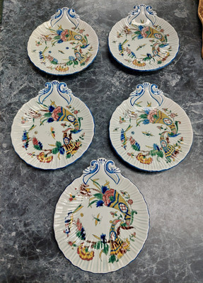 Set 5 Antique Gien D'Abondance Rouen Style Faience 1800s Bone Dish Butter Pat +