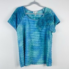 Dressbarn Top 1X Blue Green Ruffle Short Sleeve Flower Applique Made In USA