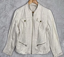 Chico’s Women’s Linen Lace Jacket Tan Beige Oatmeal Multi-Pocket 1 Medium 8 10 M