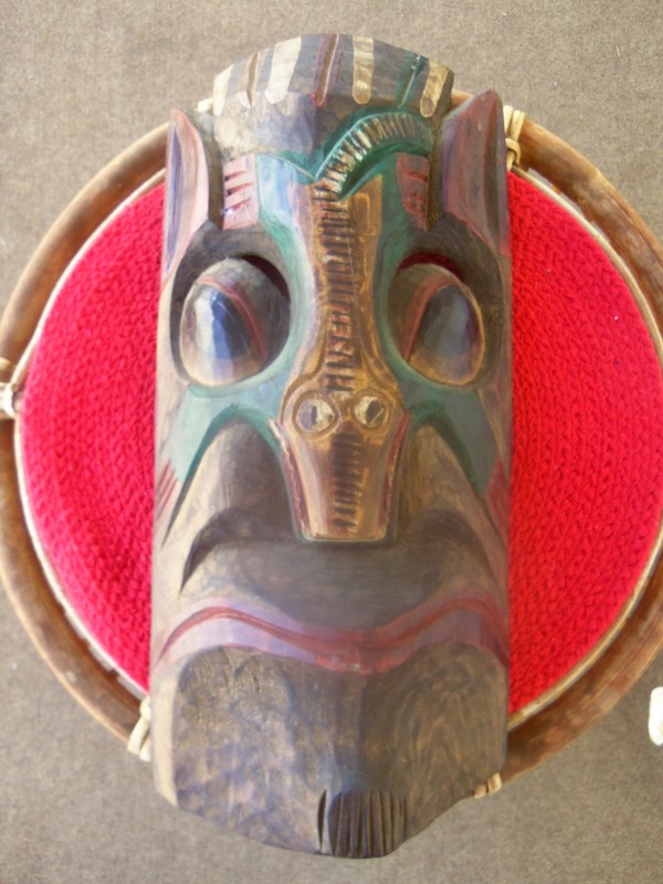 Vintage carved wood Mexican folk art lizard on face wooden dance mask Tiki God