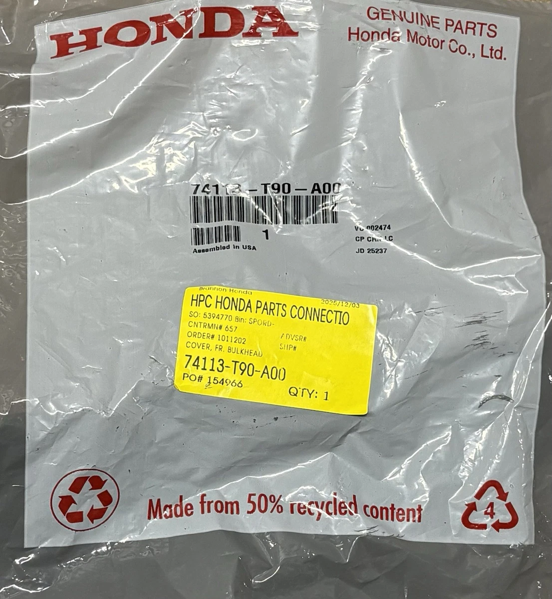 Honda 74113-T90-A00 COVER, FR- BULKHEAD photo 3