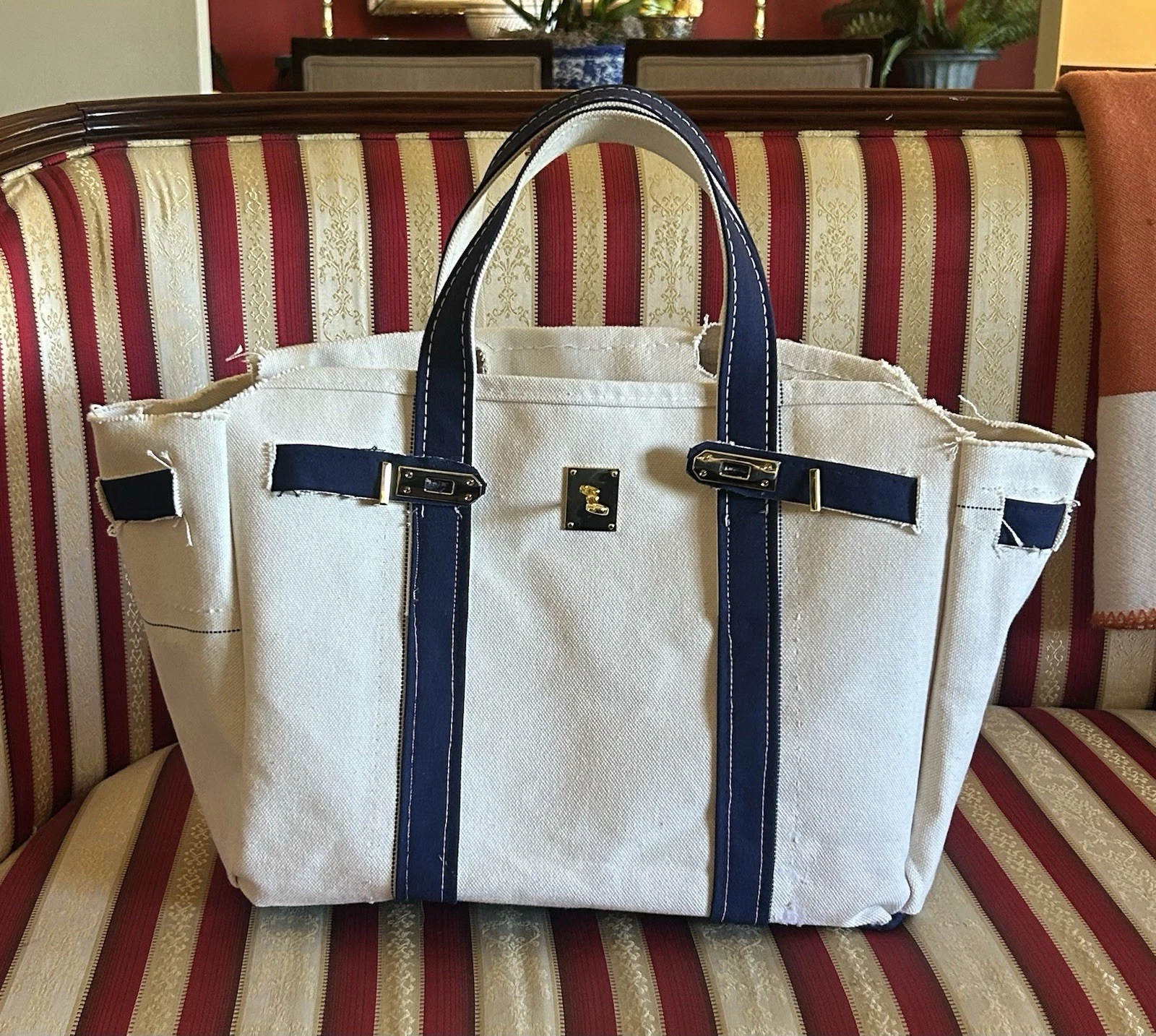 Custom Handmade Canvas Boat-kin Tote Bag Navy Blue Gold Hardware Lock & Key