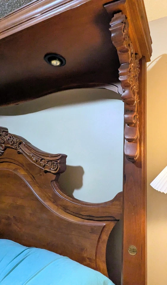 Oakwood Interiors Lighted King Canopy Bed And Mirrored Dresser Hand Carved - Image 3 of 4